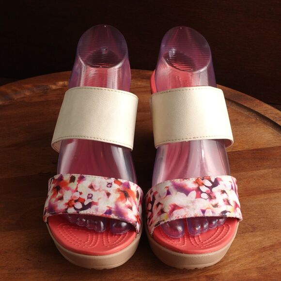 Crocs Sandals Womens Size 10 Pink Leigh II Wedge Slip On Floral Heels Shoes READ - Picture 2 of 16